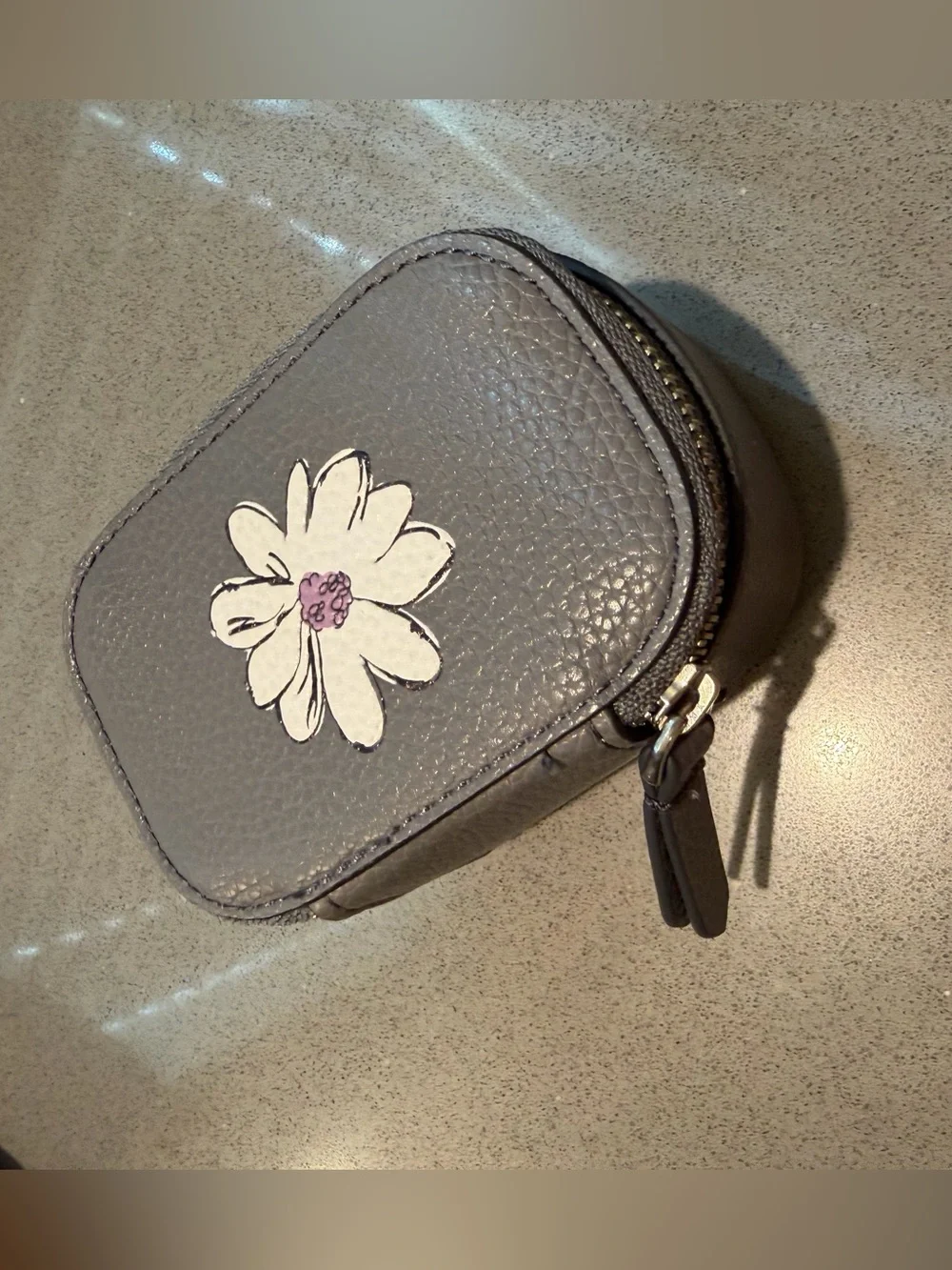 Vera Bradley Mini Gray Zipper Case with White Floral Appliqué and Pink Center
